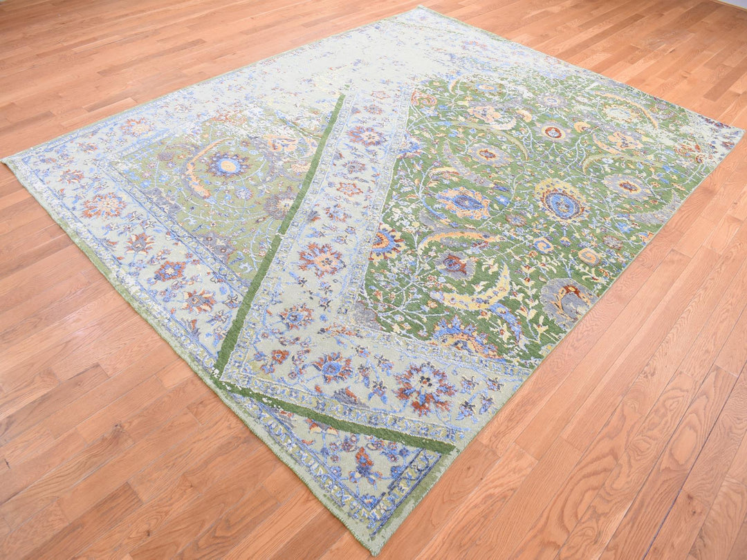 7'9" x 9'10" New Hand Knotted Green Wool & Silk Rectangle Oriental Rug - MOA10280388