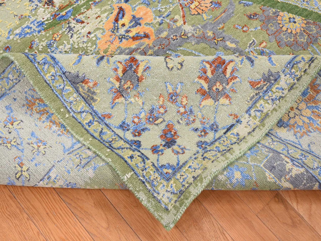 7'9" x 9'10" New Hand Knotted Green Wool & Silk Rectangle Oriental Rug - MOA10280388