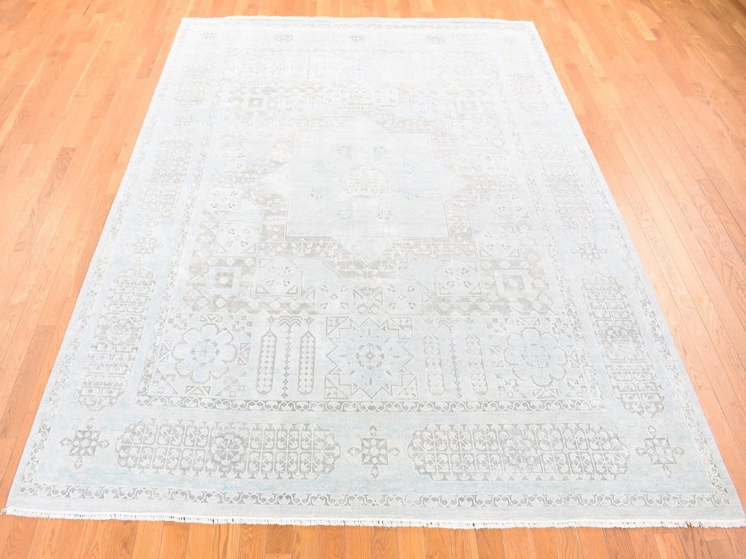 8'1" x 10'5" New Hand Knotted Blue Wool & Silk Rectangle Oriental Rug - MOA10280391