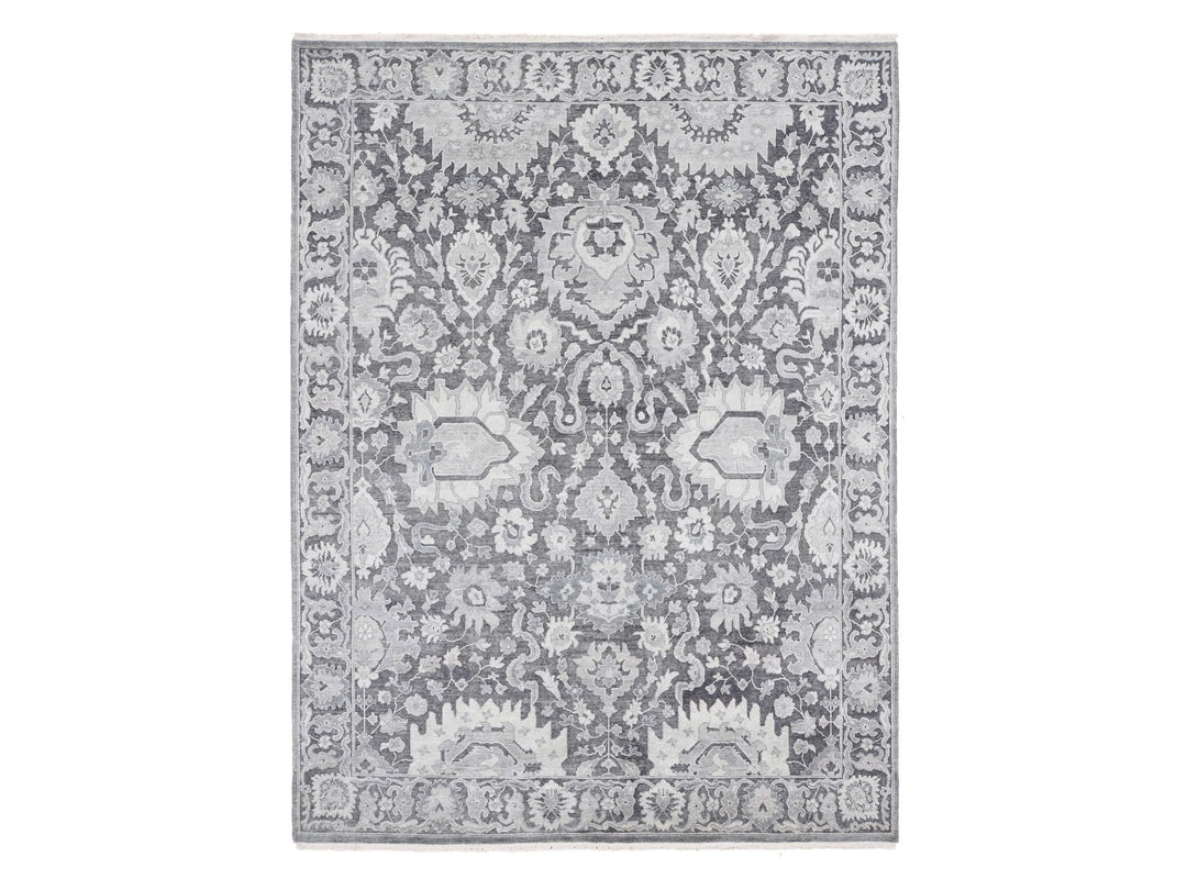 7'10" x 10'4" New Hand Knotted Grey Wool & Silk Rectangle Oriental Rug - MOA10280392