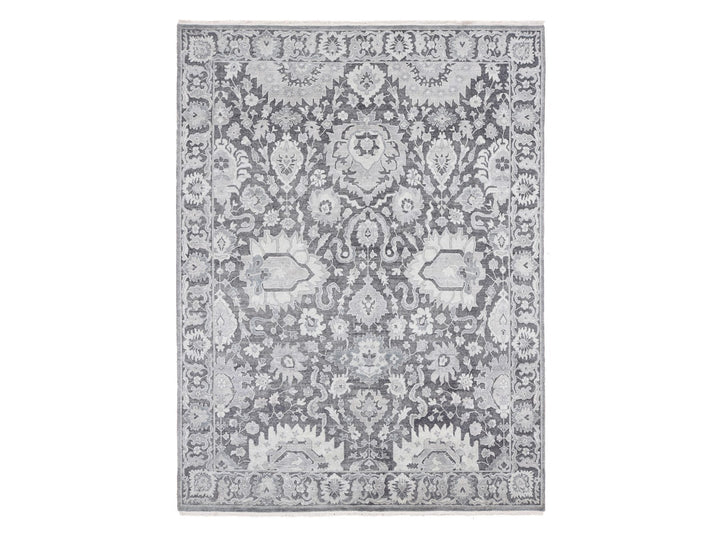 7'10" x 10'4" New Hand Knotted Grey Wool & Silk Rectangle Oriental Rug - MOA10280392