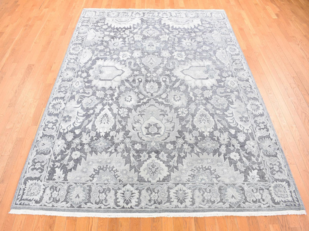 7'10" x 10'4" New Hand Knotted Grey Wool & Silk Rectangle Oriental Rug - MOA10280392