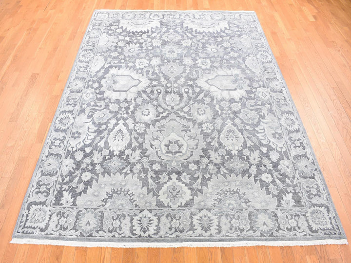 7'10" x 10'4" New Hand Knotted Grey Wool & Silk Rectangle Oriental Rug - MOA10280392