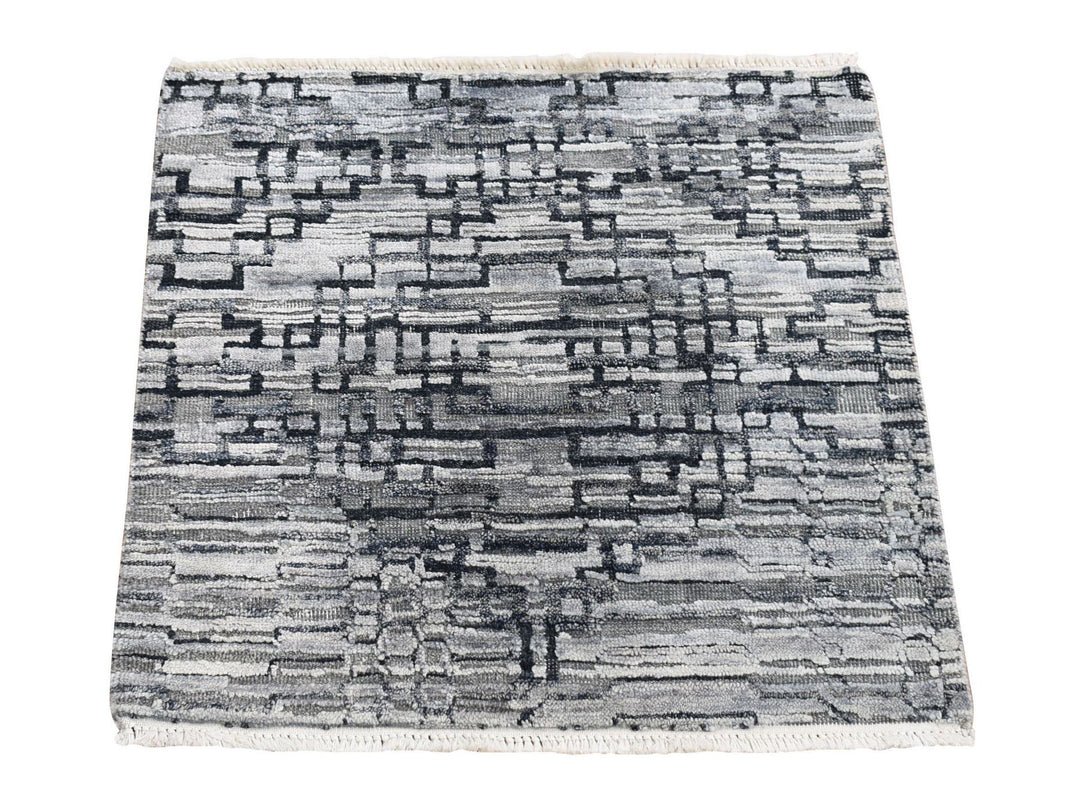 2'0" x 2'0" New Hand Knotted Grey Wool & Silk Square Oriental Rug - MOA10280406