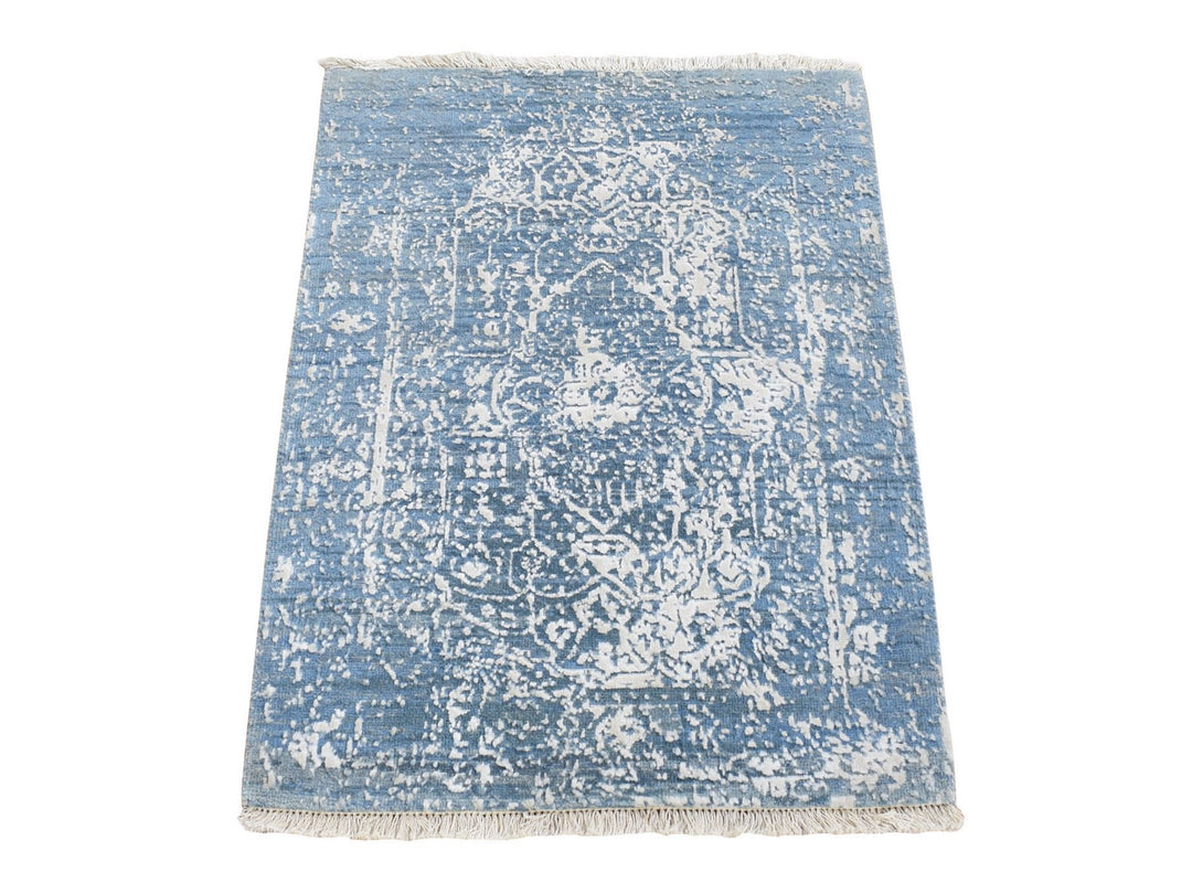2'1" x 3'0" New Hand Knotted Blue Wool & Silk Rectangle Oriental Rug - MOA10280434