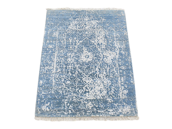 2'1" x 3'0" New Hand Knotted Blue Wool & Silk Rectangle Oriental Rug - MOA10280434