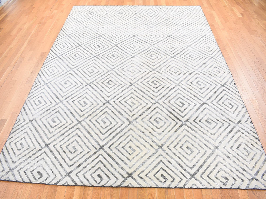 9'0" x 12'0" New Hand Knotted Ivory Wool & Silk Rectangle Oriental Rug - MOA10280447