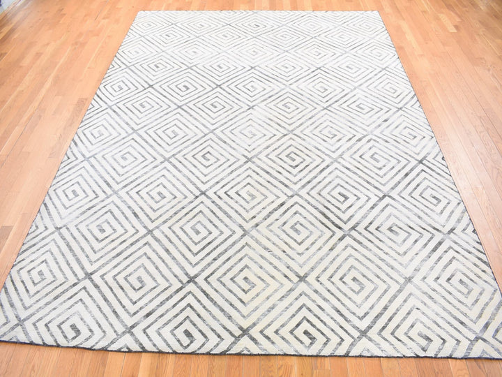 9'0" x 12'0" New Hand Knotted Ivory Wool & Silk Rectangle Oriental Rug - MOA10280447