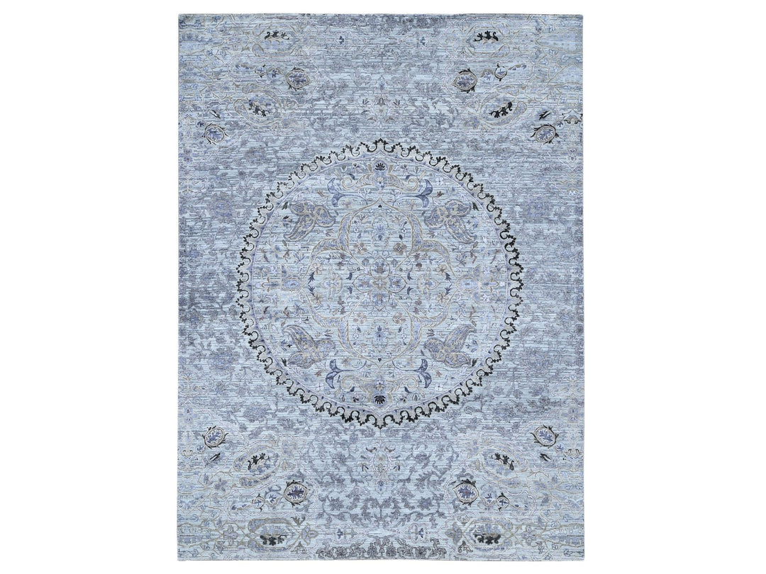 9'0" x 12'0" New Hand Knotted Grey Wool & Silk Rectangle Oriental Rug - MOA10280451