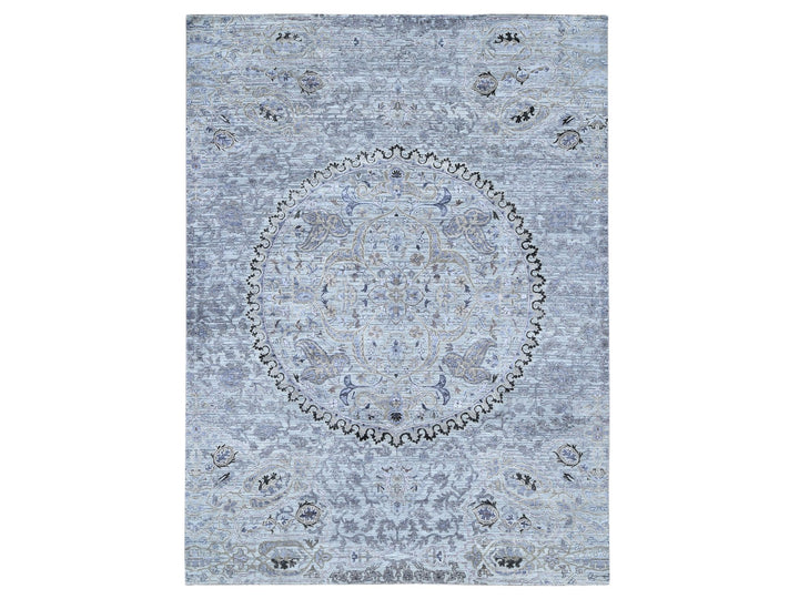 9'0" x 12'0" New Hand Knotted Grey Wool & Silk Rectangle Oriental Rug - MOA10280451