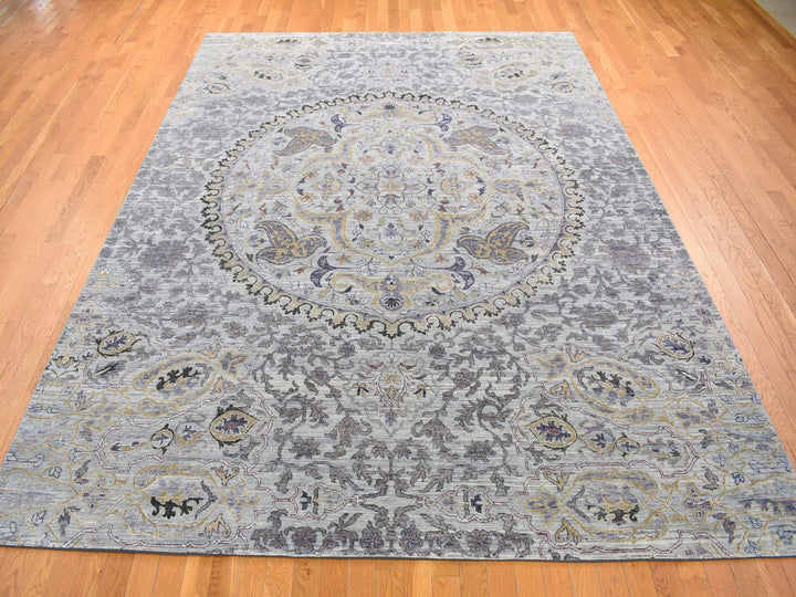 9'0" x 12'0" New Hand Knotted Grey Wool & Silk Rectangle Oriental Rug - MOA10280451