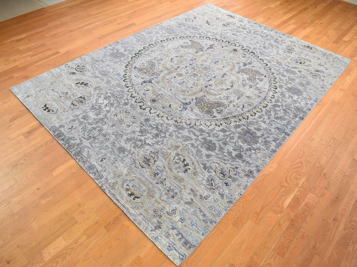 9'0" x 12'0" New Hand Knotted Grey Wool & Silk Rectangle Oriental Rug - MOA10280451