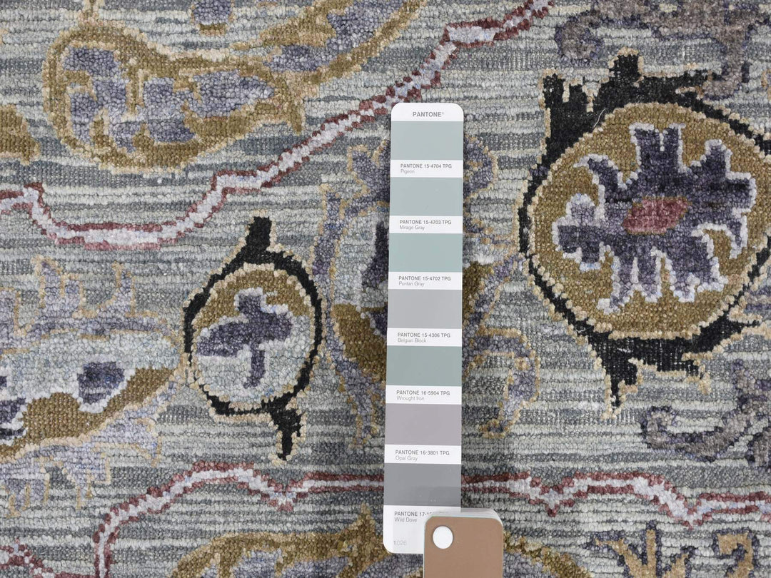 9'0" x 12'0" New Hand Knotted Grey Wool & Silk Rectangle Oriental Rug - MOA10280451