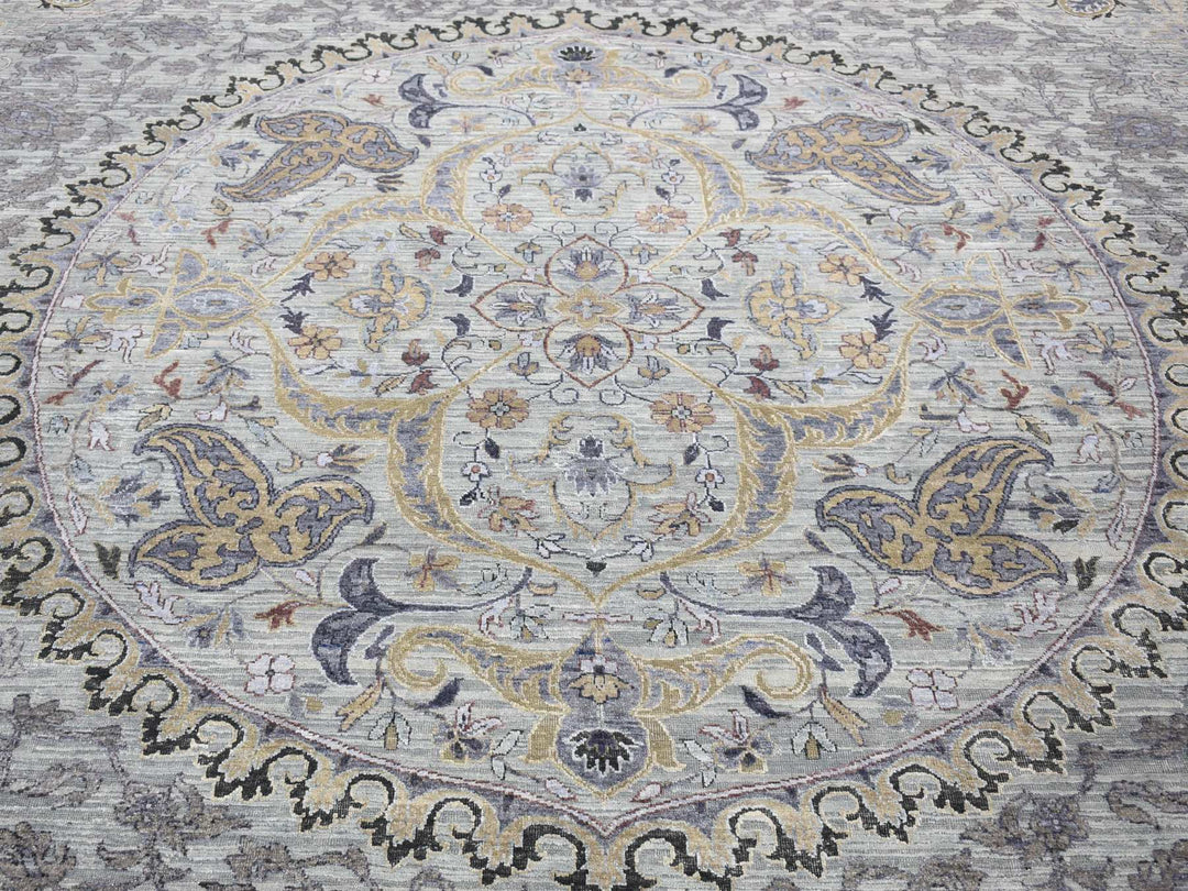 9'0" x 12'0" New Hand Knotted Grey Wool & Silk Rectangle Oriental Rug - MOA10280451