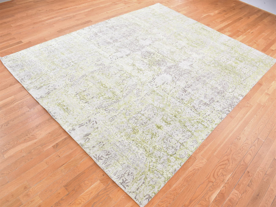 9'0" x 11'9" New Hand Knotted Grey Wool & Silk Rectangle Oriental Rug - MOA10280454