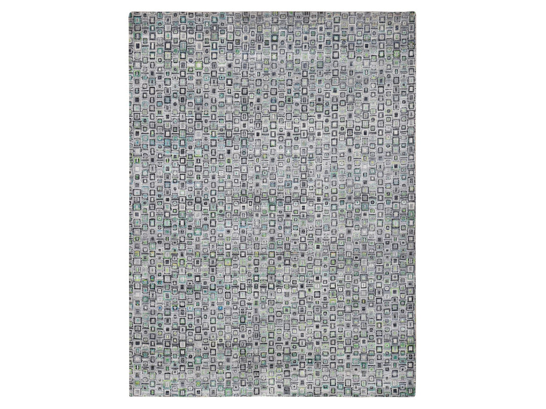 9'0" x 12'3" New Hand Knotted Grey Wool & Silk Rectangle Oriental Rug - MOA10280455
