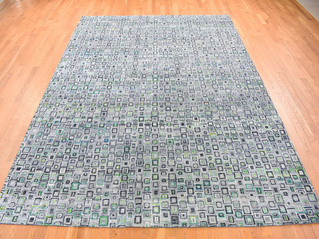 9'0" x 12'3" New Hand Knotted Grey Wool & Silk Rectangle Oriental Rug - MOA10280455