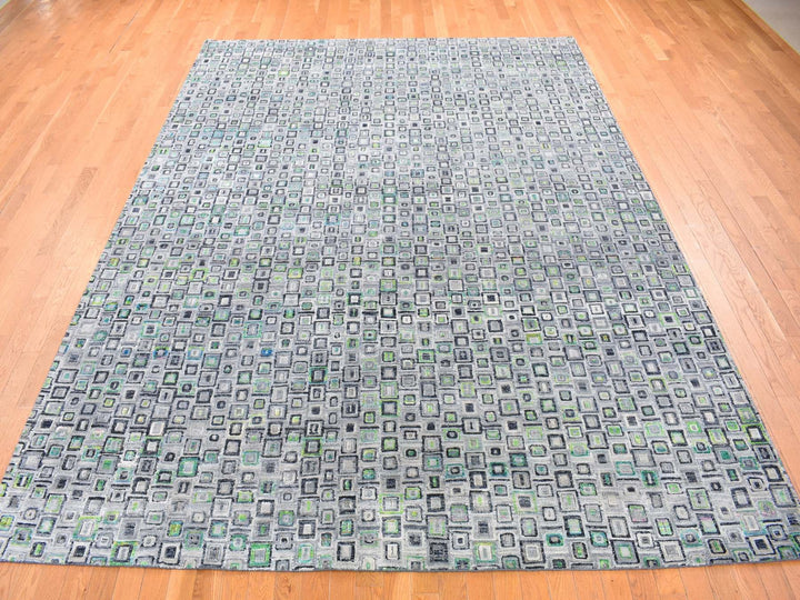 9'0" x 12'3" New Hand Knotted Grey Wool & Silk Rectangle Oriental Rug - MOA10280455
