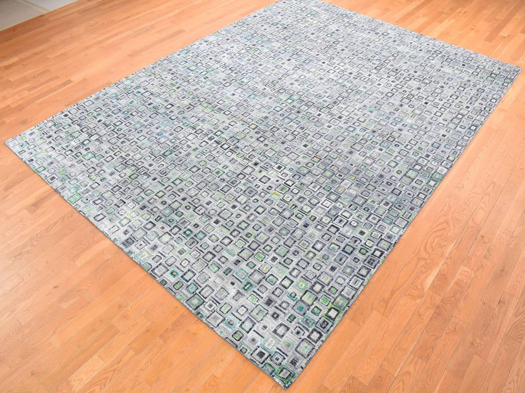 9'0" x 12'3" New Hand Knotted Grey Wool & Silk Rectangle Oriental Rug - MOA10280455