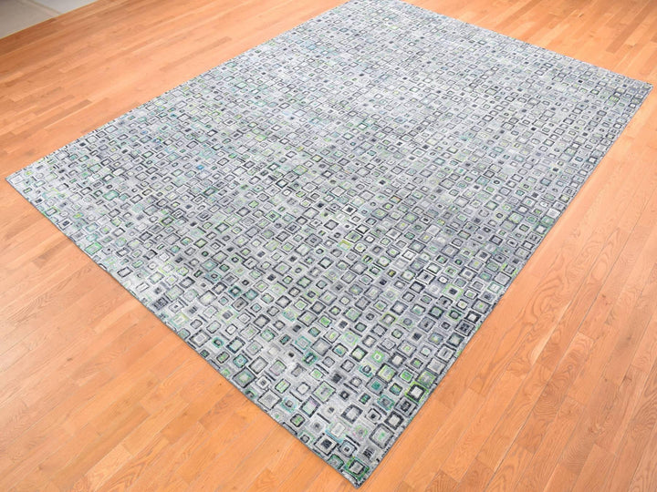 9'0" x 12'3" New Hand Knotted Grey Wool & Silk Rectangle Oriental Rug - MOA10280455