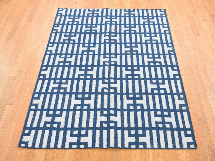 5'2" x 7'0" New Hand Woven Blue Wool Rectangle Oriental Rug - MOA10280533