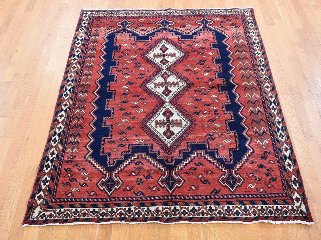 5'5" x 7'0" Vintage Hand Knotted Red Wool Rectangle Oriental Rug - MOA10280570