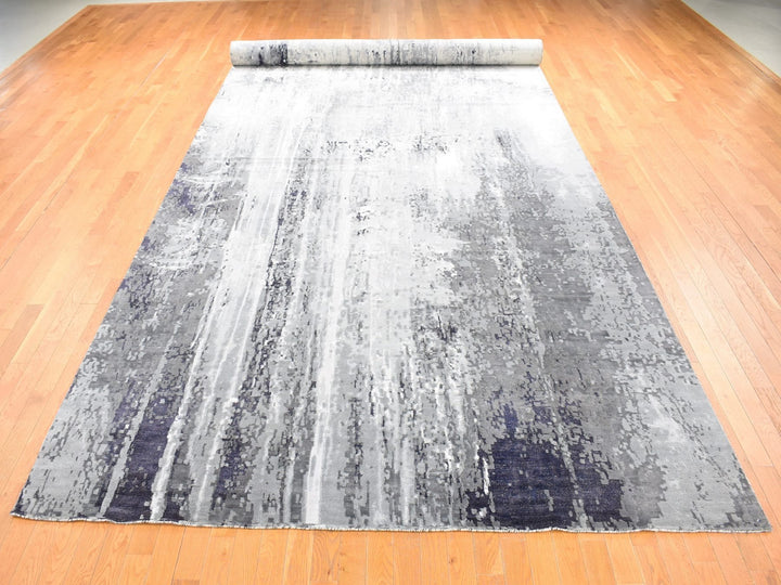 8'1" x 23'10" New Hand Knotted Grey Wool & Silk Rectangle Oriental Rug - MOA10280643