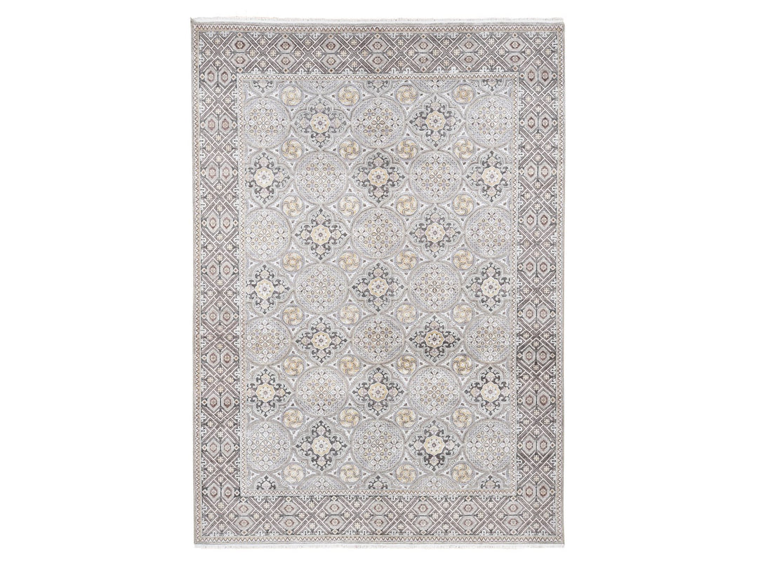 10'1" x 14'2" New Hand Knotted Ivory Wool & Silk Rectangle Oriental Rug - MOA10280686