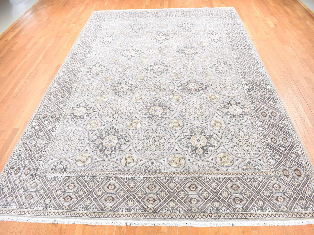 10'1" x 14'2" New Hand Knotted Ivory Wool & Silk Rectangle Oriental Rug - MOA10280686