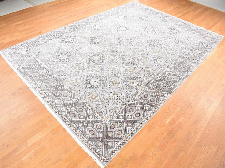 10'1" x 14'2" New Hand Knotted Ivory Wool & Silk Rectangle Oriental Rug - MOA10280686