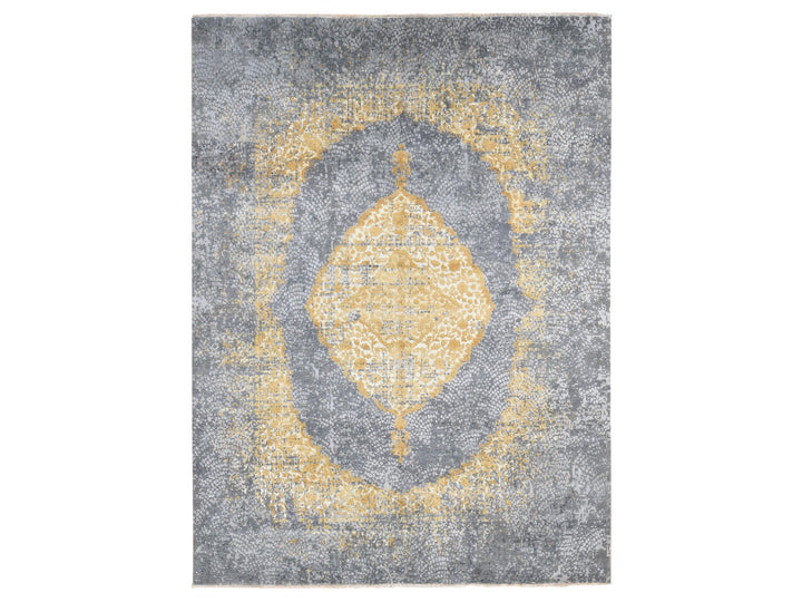 9'0" x 12'0" New Hand Knotted Grey Wool & Pure Silk Rectangle Oriental Rug - MOA10280728