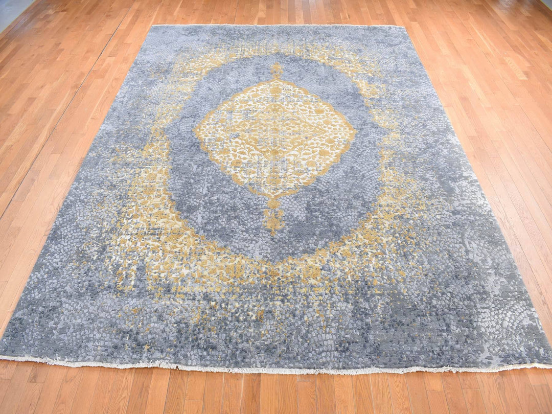 9'0" x 12'0" New Hand Knotted Grey Wool & Pure Silk Rectangle Oriental Rug - MOA10280728