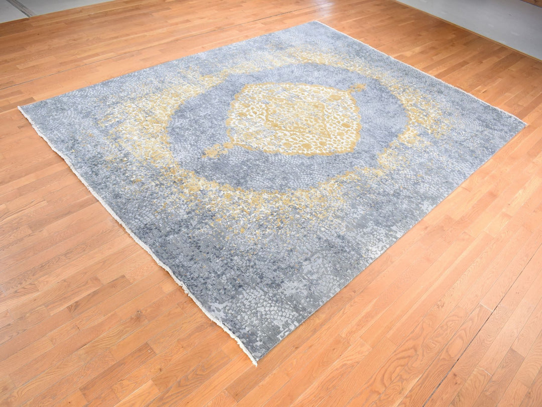 9'0" x 12'0" New Hand Knotted Grey Wool & Pure Silk Rectangle Oriental Rug - MOA10280728