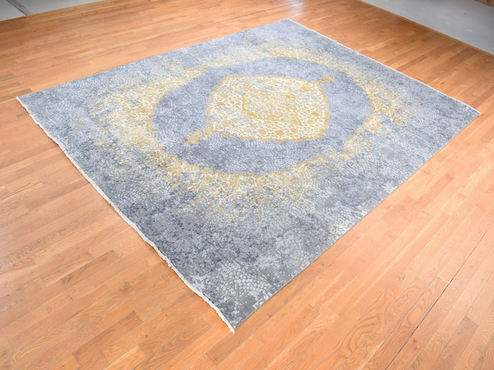 9'0" x 12'0" New Hand Knotted Grey Wool & Pure Silk Rectangle Oriental Rug - MOA10280728