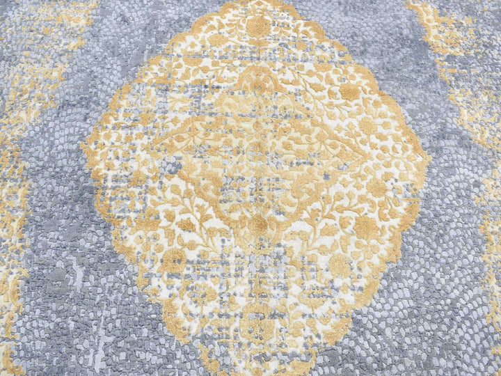 9'0" x 12'0" New Hand Knotted Grey Wool & Pure Silk Rectangle Oriental Rug - MOA10280728