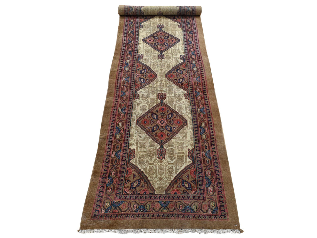 3'2" x 14'10" Vintage Hand Knotted Brown Wool Runner Oriental Rug - MOA10280729