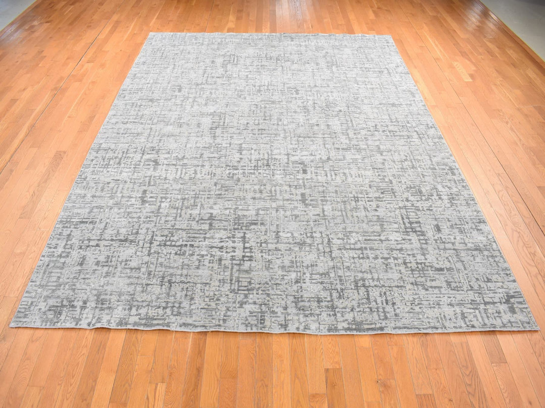 9'2" x 12'3" New Hand Knotted Grey Wool & Silk Rectangle Oriental Rug - MOA10280730