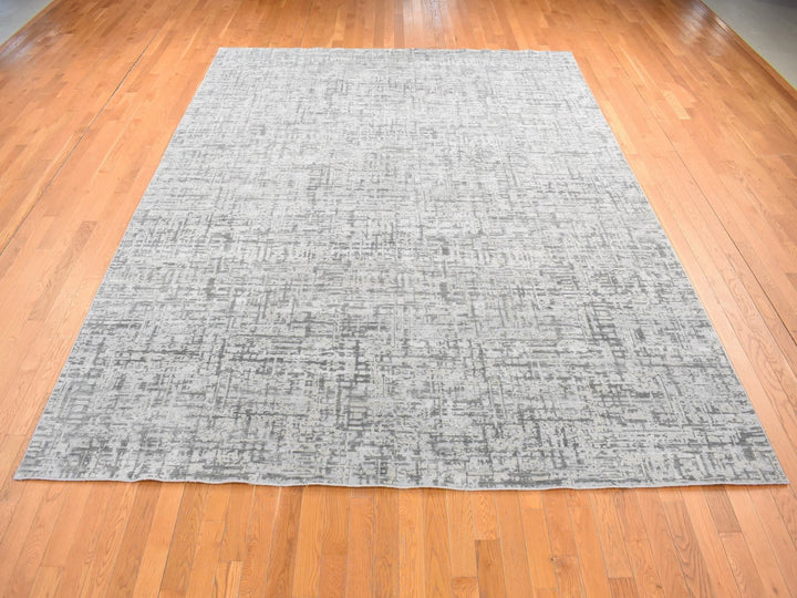 9'2" x 12'3" New Hand Knotted Grey Wool & Silk Rectangle Oriental Rug - MOA10280730