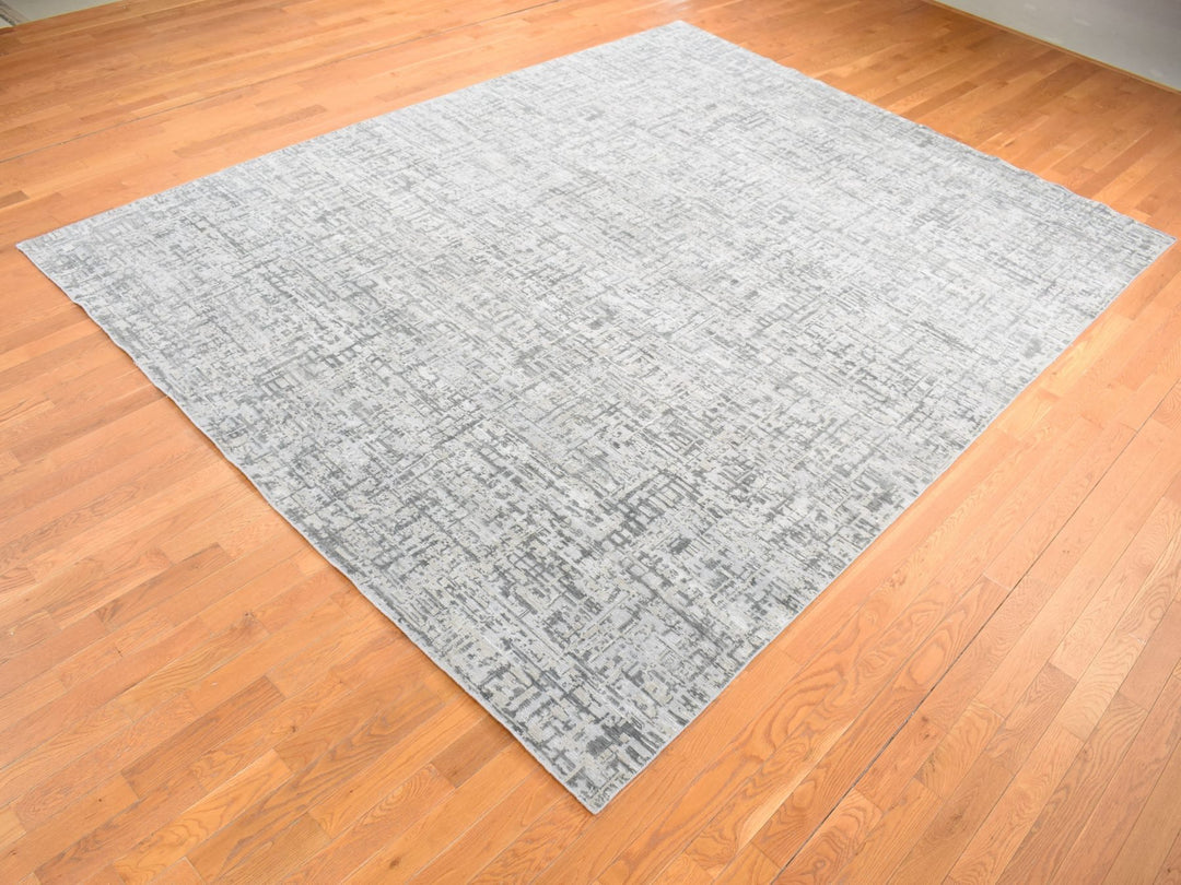 9'2" x 12'3" New Hand Knotted Grey Wool & Silk Rectangle Oriental Rug - MOA10280730