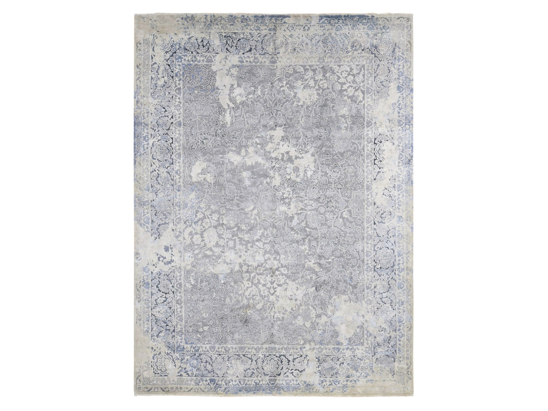 9'0" x 12'0" New Hand Knotted Grey Wool & Pure Silk Rectangle Oriental Rug - MOA10280732