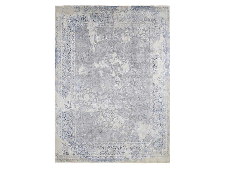 9'0" x 12'0" New Hand Knotted Grey Wool & Pure Silk Rectangle Oriental Rug - MOA10280732
