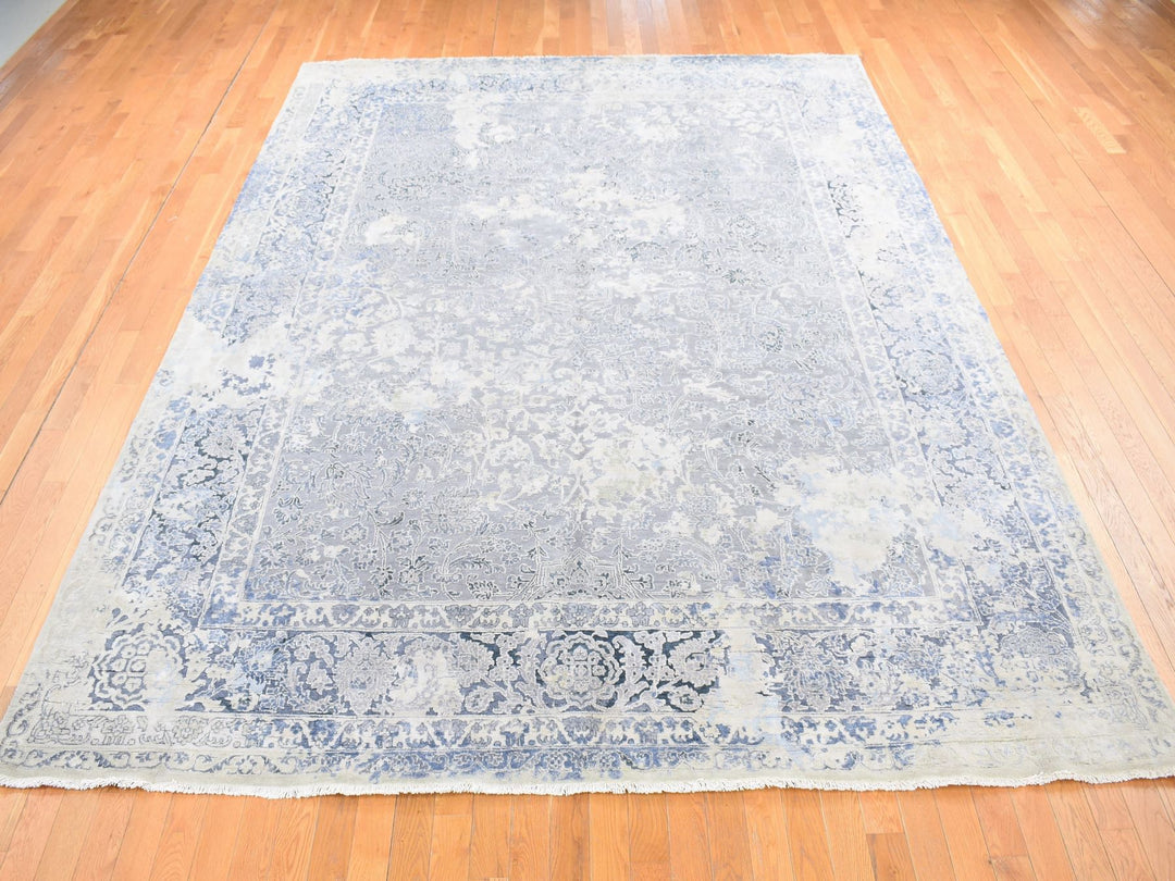 9'0" x 12'0" New Hand Knotted Grey Wool & Pure Silk Rectangle Oriental Rug - MOA10280732