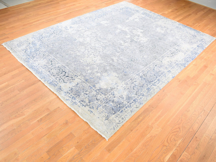 9'0" x 12'0" New Hand Knotted Grey Wool & Pure Silk Rectangle Oriental Rug - MOA10280732
