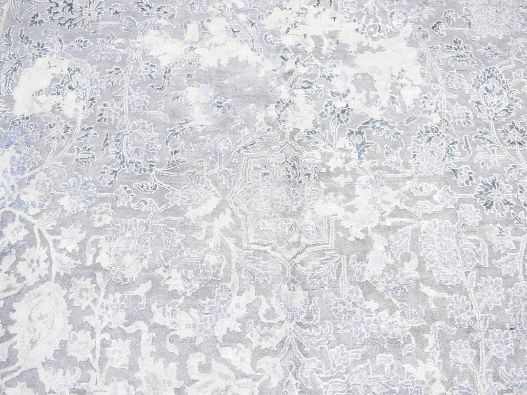 9'0" x 12'0" New Hand Knotted Grey Wool & Pure Silk Rectangle Oriental Rug - MOA10280732