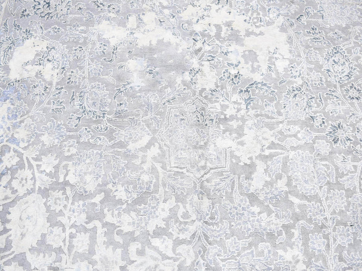 9'0" x 12'0" New Hand Knotted Grey Wool & Pure Silk Rectangle Oriental Rug - MOA10280732