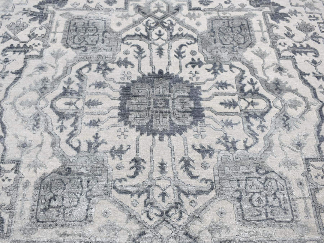 9'0" x 12'0" New Hand Knotted Grey Wool & Silk Rectangle Oriental Rug - MOA10280734