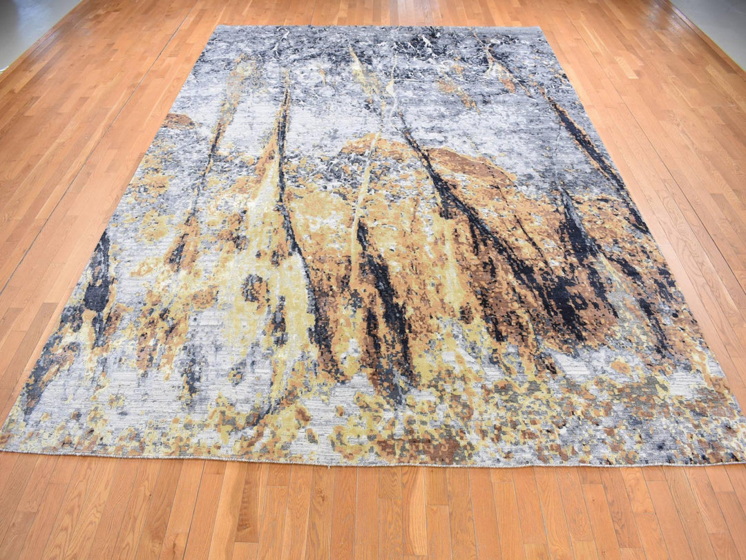 10'0" x 14'0" New Hand Knotted Grey Wool & Silk Rectangle Oriental Rug - MOA10280737