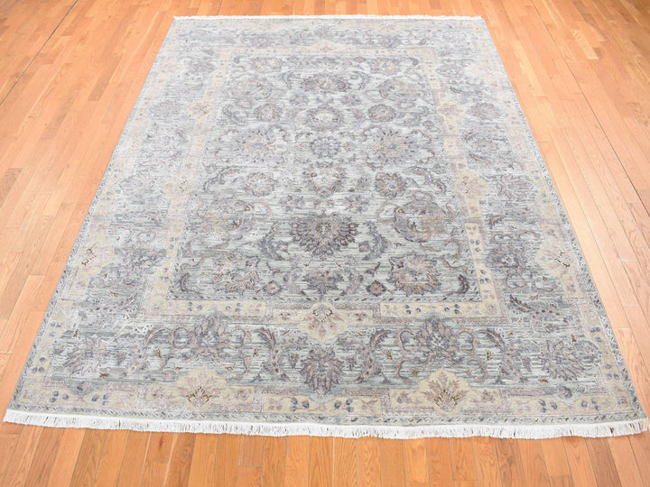 7'10" x 10'0" New Hand Knotted Green Wool & Pure Silk Rectangle Oriental Rug - MOA10280739
