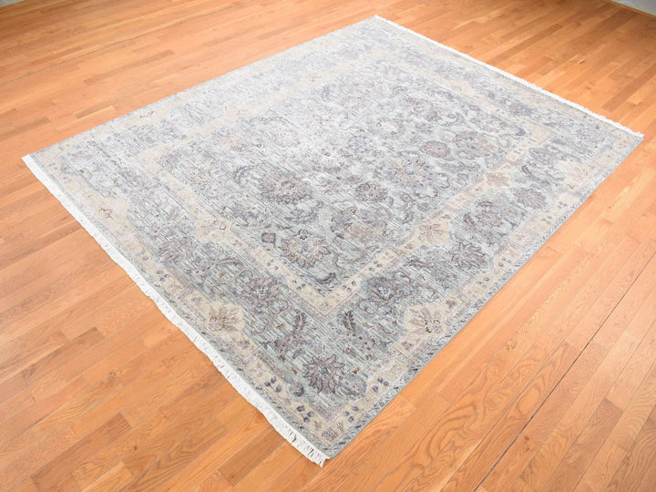 7'10" x 10'0" New Hand Knotted Green Wool & Pure Silk Rectangle Oriental Rug - MOA10280739