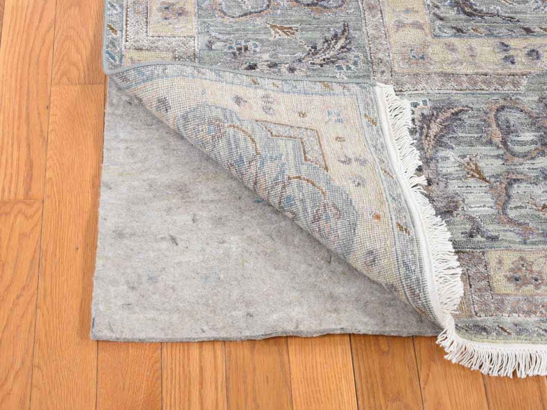 7'10" x 10'0" New Hand Knotted Green Wool & Pure Silk Rectangle Oriental Rug - MOA10280739